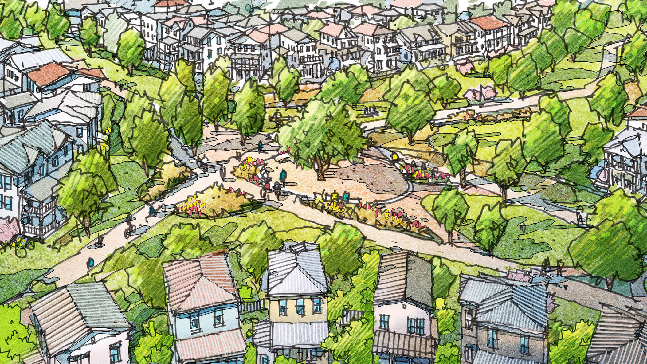 Aerial illustration of a residential neighborhood in Santa Clarita Valley, featuring houses, trees, and people gathered in a central park area with walking paths.