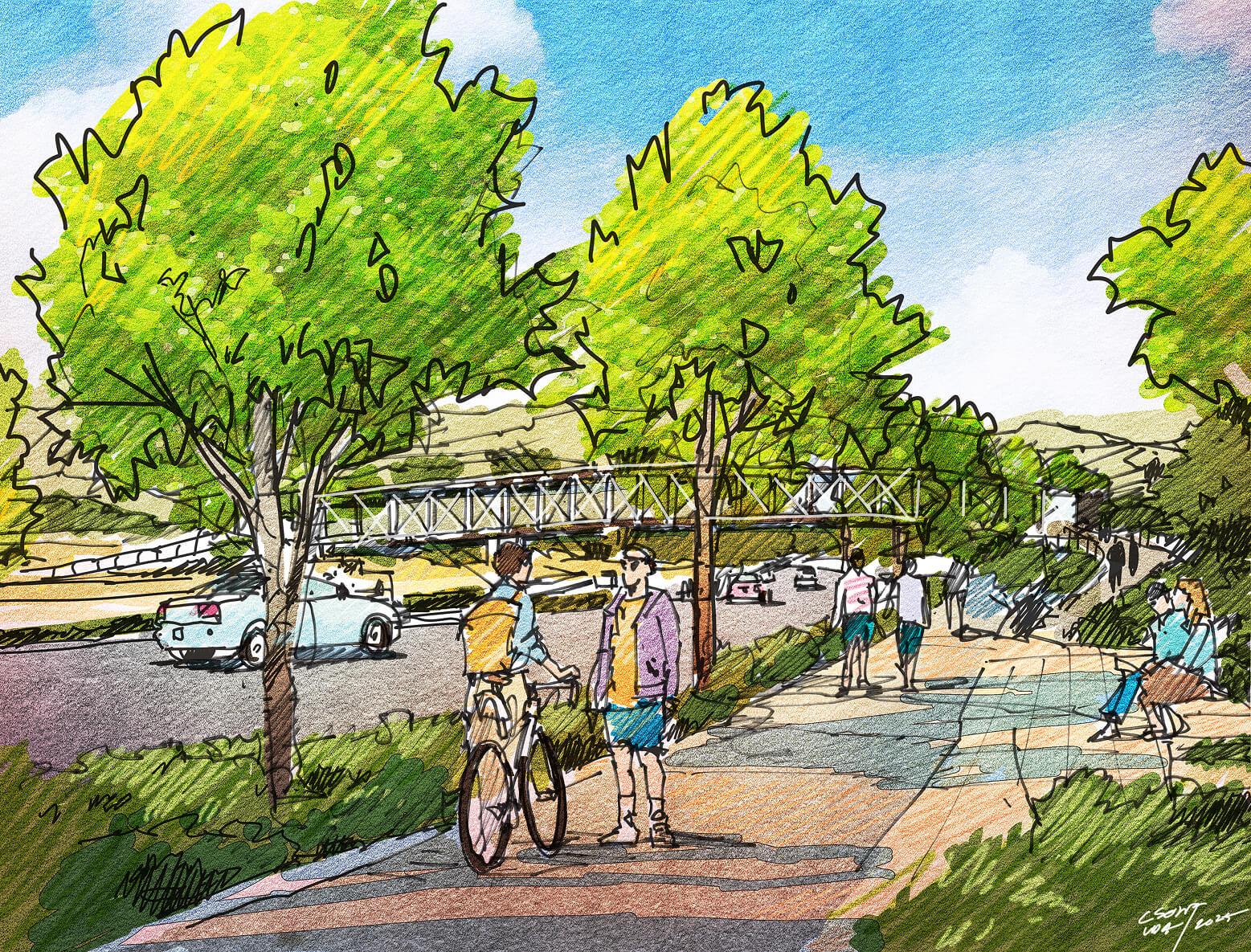 Illustration of a tree-lined sidewalk in Santa Clarita Valley, with people walking and biking beside a road; a pedestrian bridge spans the street in the background.
