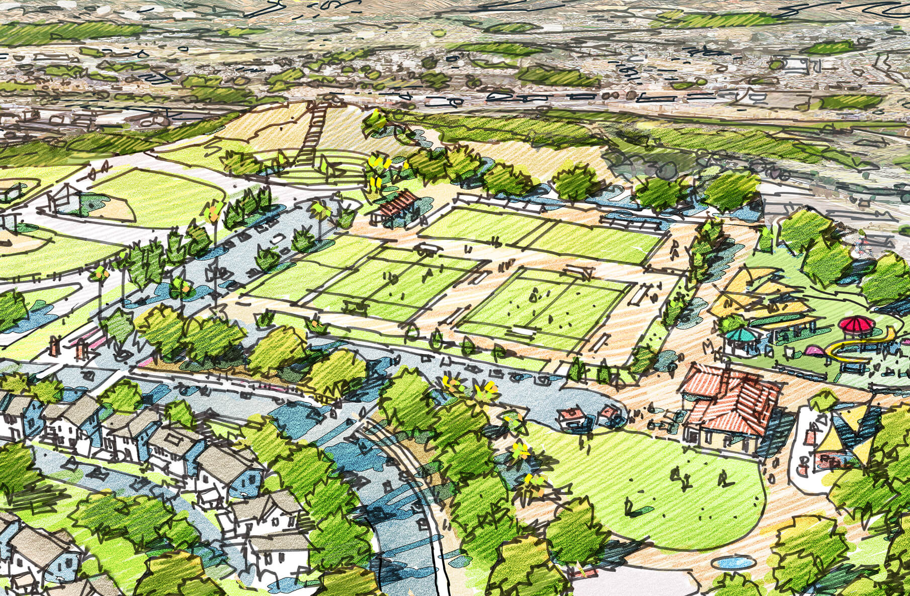 Illustrated aerial view of a Santa Clarita Valley park with tennis courts, open fields, playgrounds, walking paths, trees, and nearby residential houses.
