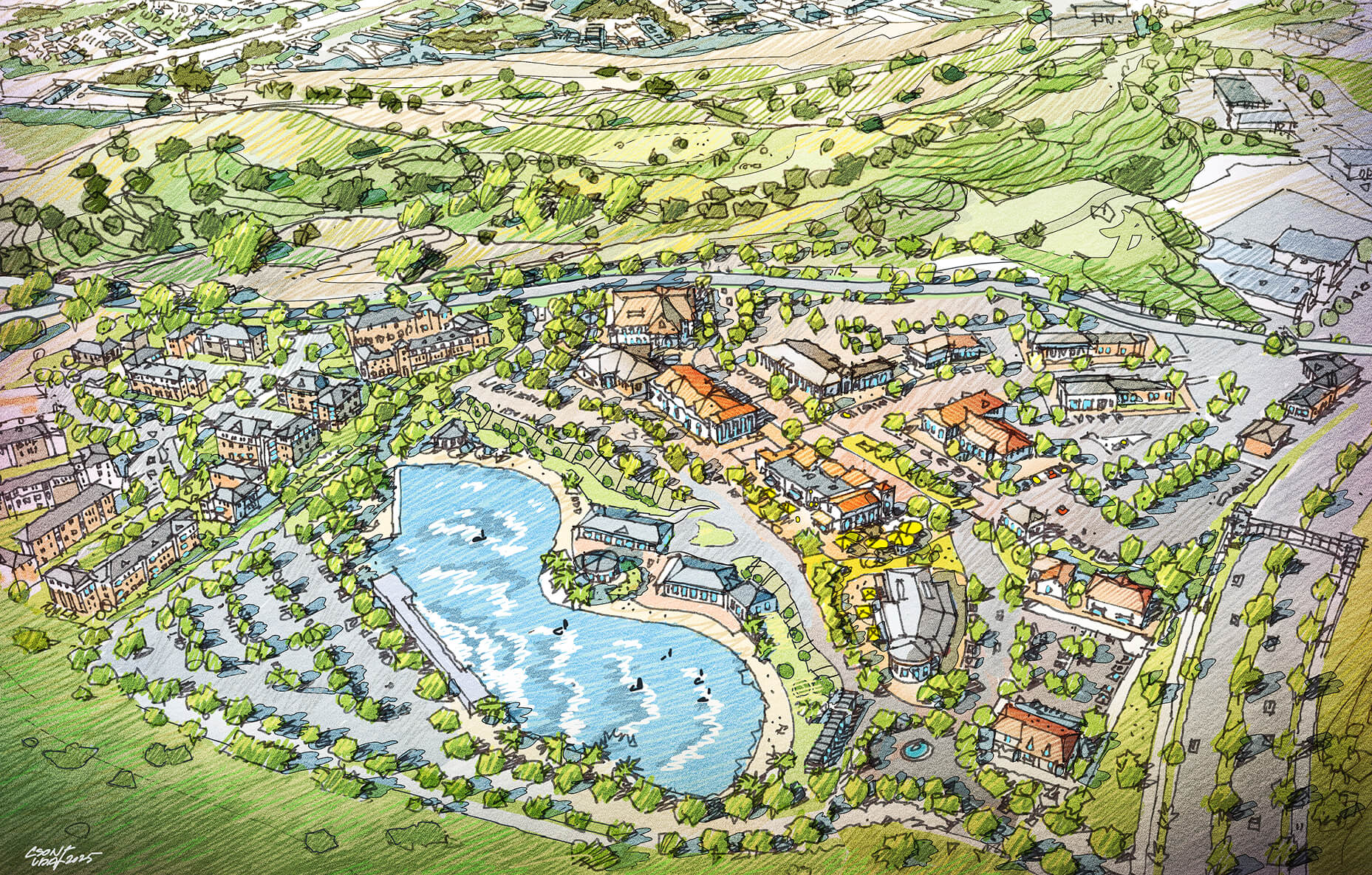 A hand-drawn aerial illustration of a planned community in Santa Clarita Valley, featuring buildings, roads, parking areas, green spaces, and a central pond with small boats.