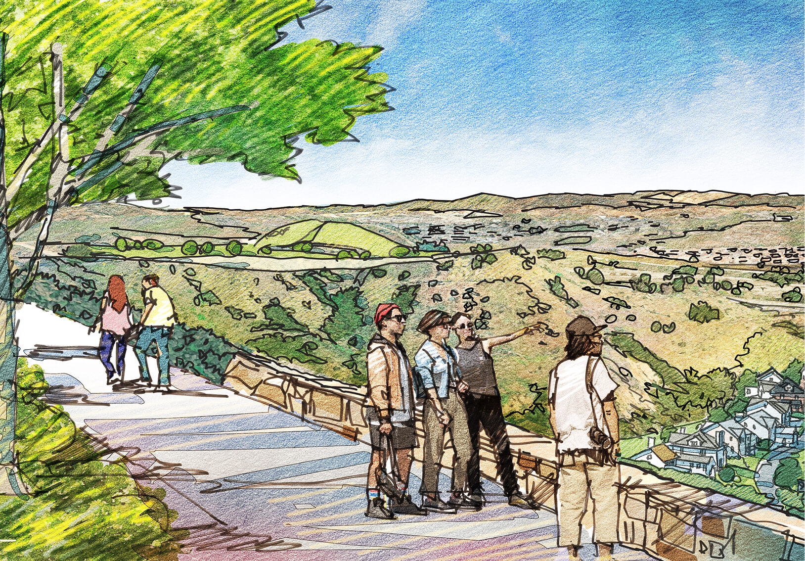 People stand and walk along a scenic overlook in the Santa Clarita Valley, observing a landscape of hills, trees, and distant houses under a partly cloudy sky.