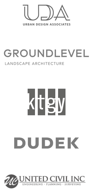 Logos of four companies: Urban Design Associates, KTGY, DUDEK, and United Civil Inc. displayed vertically on a black background.