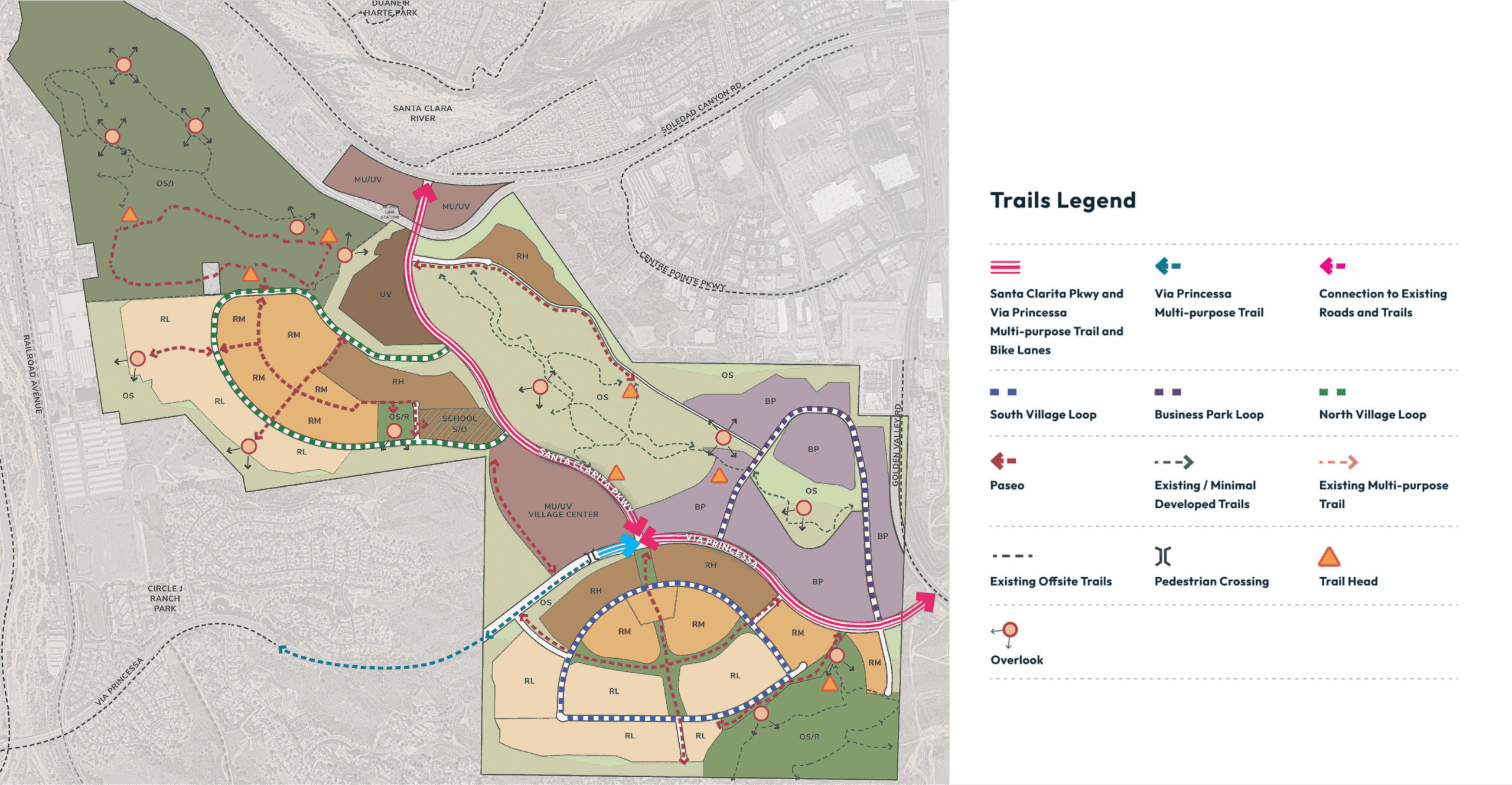 Map showing various color-coded trails, roads, loops, and crossings in a planned development with a legend explaining trail types and features on the right.